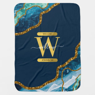 Blue & Gold Agate Geode Glitter Monogram Baby Blanket