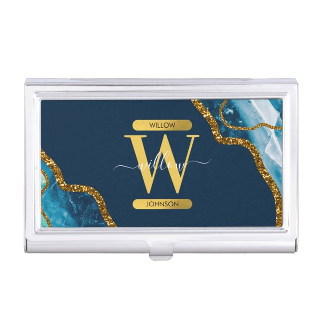 Blue & Gold Agate Geode Glitter Monogram Business Card Case (Front)