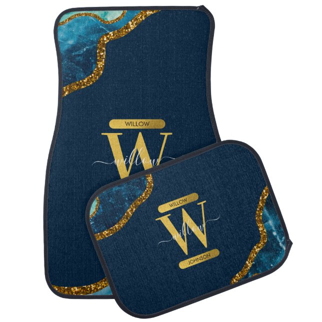 Blue & Gold Agate Geode Glitter Monogram Car Floor Mat (Set)