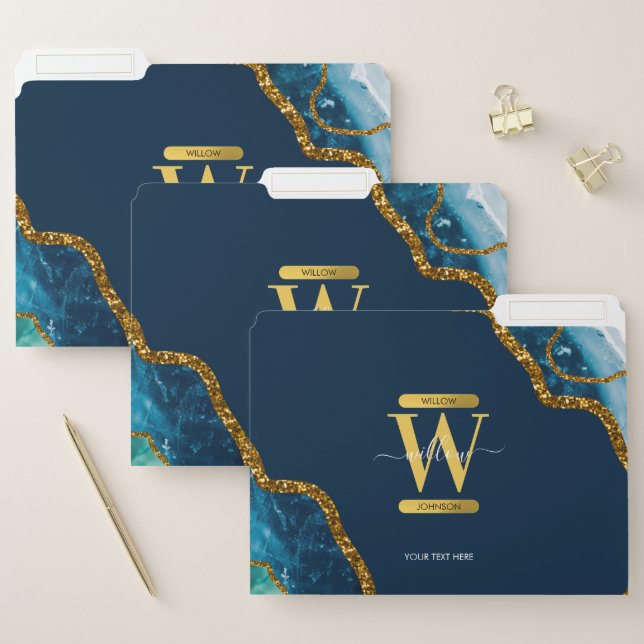 Blue & Gold Agate Geode Glitter Monogram File Folder (Set)
