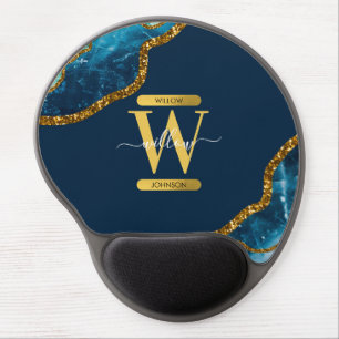 Blue & Gold Agate Geode Glitter Monogram Gel Mouse Pad