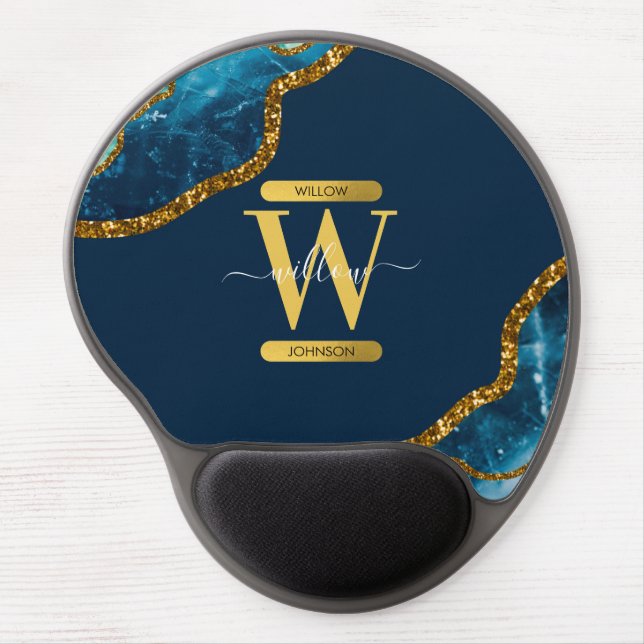 Blue & Gold Agate Geode Glitter Monogram Gel Mouse Pad (Front)
