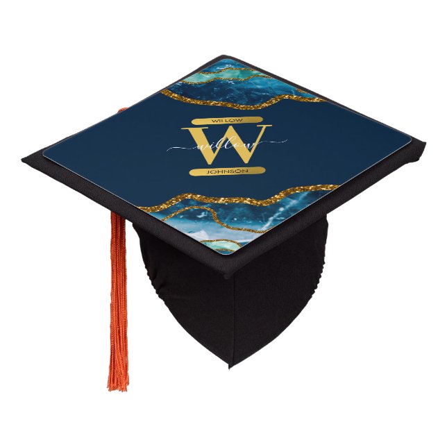 Blue & Gold Agate Geode Glitter Monogram  Graduation Cap Topper (Angled)