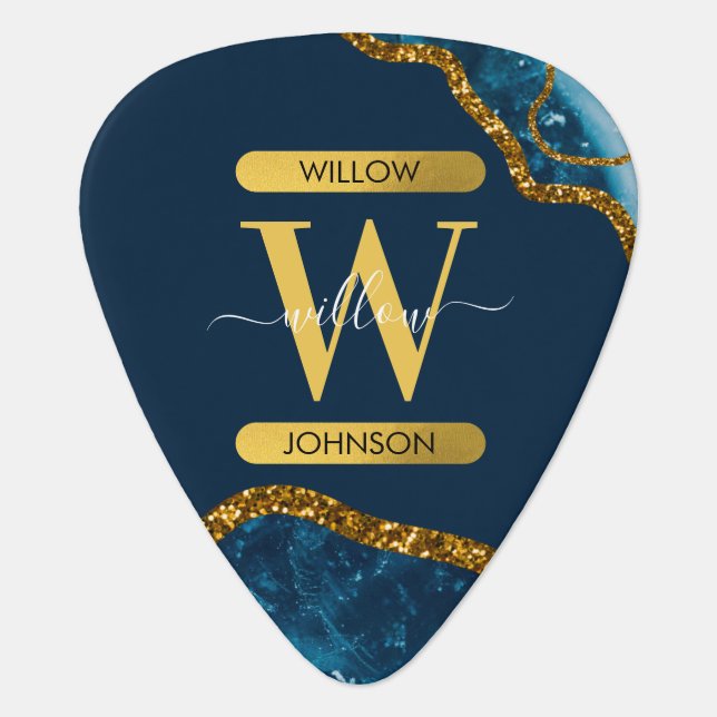 Blue & Gold Agate Geode Glitter Monogram Guitar Pick (Front)