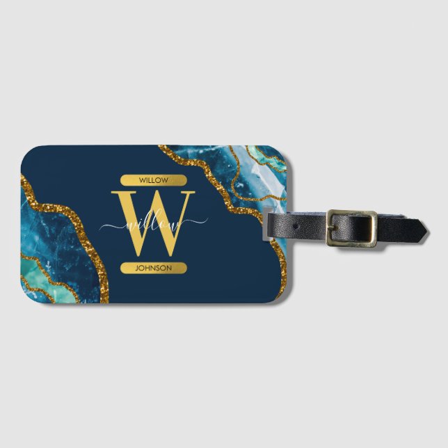 Blue & Gold Agate Geode Glitter Monogram Luggage Tag (Front Horizontal)