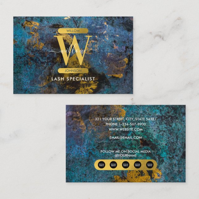 Blue & Gold Agate Geode Glitter Monogram Marble Business Card (Front/Back)