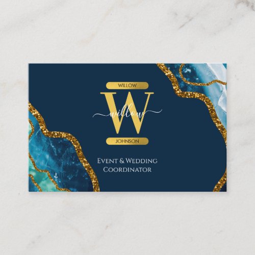 Blue  Gold Agate Geode Glitter Monogram Marble Business Card