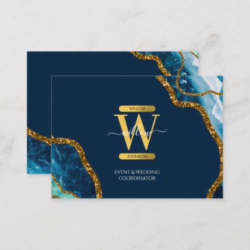 Blue  Gold Agate Geode Glitter Monogram Marble  Business Card