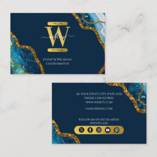 Blue & Gold Agate Geode Glitter Monogram Marble Business Card