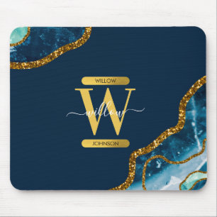 Blue & Gold Agate Geode Glitter Monogram Mouse Pad
