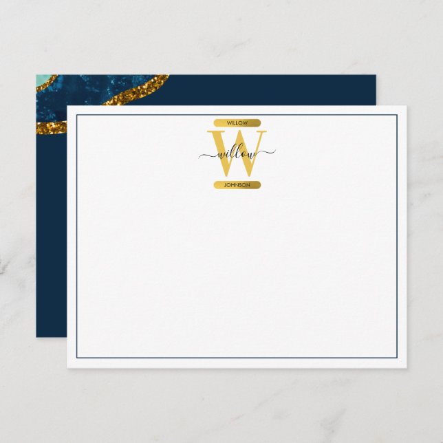 Blue & Gold Agate Geode Glitter Monogram Note Card (Front/Back)