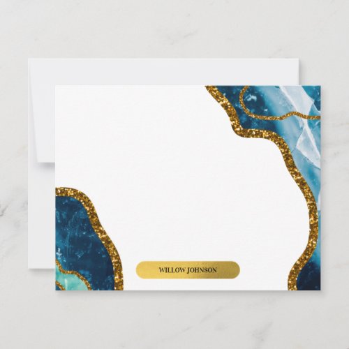 Blue  Gold Agate Geode Glitter Monogram Note Card