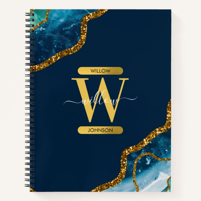 Blue & Gold Agate Geode Glitter Monogram Notebook (Front)