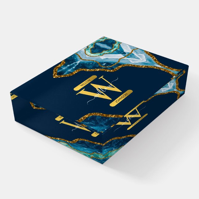 Blue & Gold Agate Geode Glitter Monogram Paperweight (Angled)
