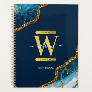 Blue & Gold Agate Geode Glitter Monogram Planner