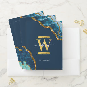 Blue & Gold Agate Geode Glitter Monogram Pocket Folder