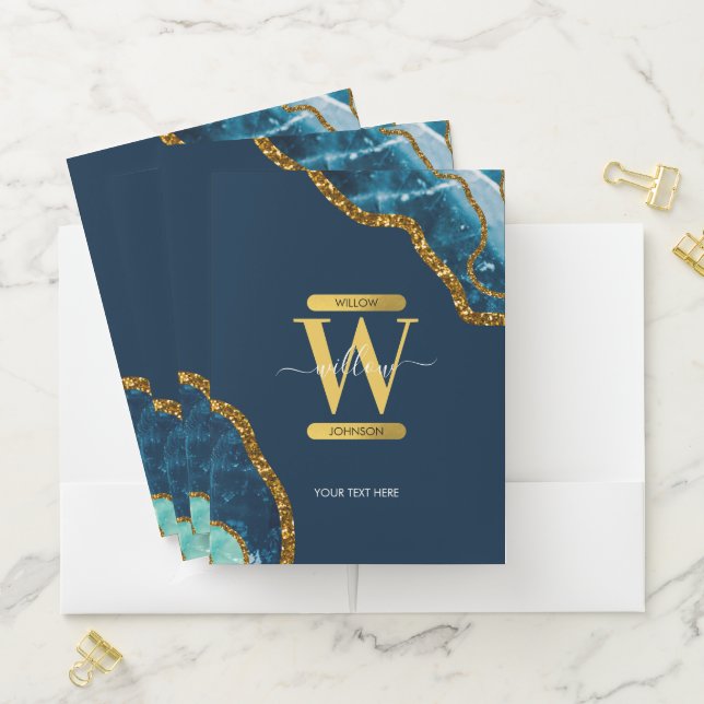 Blue & Gold Agate Geode Glitter Monogram Pocket Folder (In Situ)