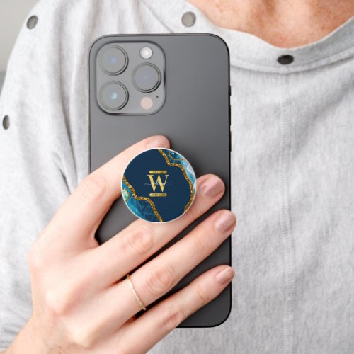 Blue  Gold Agate Geode Glitter Monogram   PopSocket