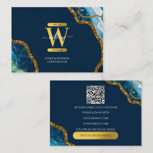 Blue Gold Agate Geode Glitter Monogram QR Code Business Card