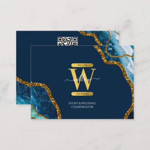 Blue Gold Agate Geode Glitter Monogram QR Code Business Card