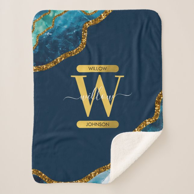 Blue & Gold Agate Geode Glitter Monogram Sherpa Blanket (Front)