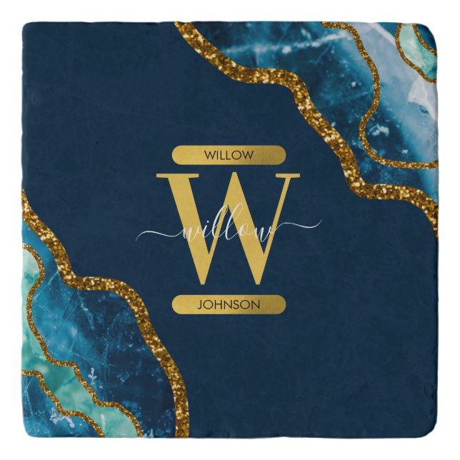 Blue & Gold Agate Geode Glitter Monogram Trivet (Front)