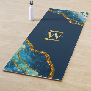 Blue & Gold Agate Geode Glitter Monogram Yoga Mat