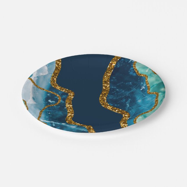 Blue & Gold Agate Geode Glitter Paper Plates (Angled)