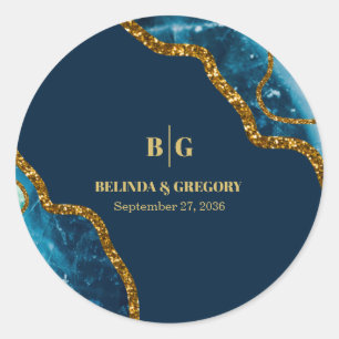 Blue & Gold Agate Geode Glitter Wedding Classic Round Sticker