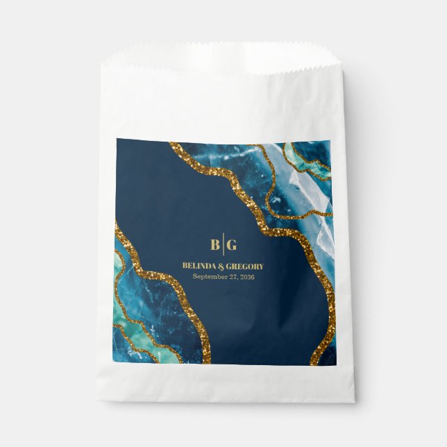Blue & Gold Agate Geode Glitter Wedding  Favor Bag (Front)