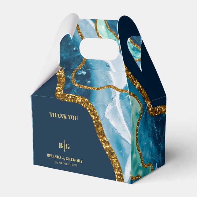 Blue & Gold Agate Geode Glitter Wedding Favor Boxes (Front Side)