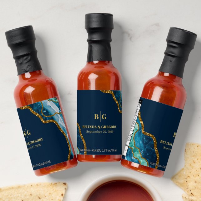 Blue & Gold Agate Geode Glitter Wedding   Hot Sauces (Laydown)