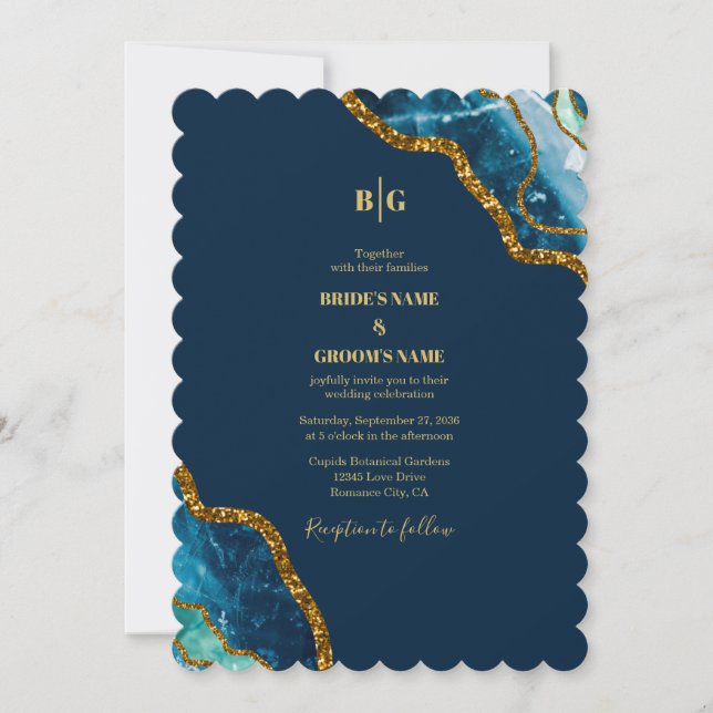 Blue & Gold Agate Geode Glitter Wedding  Invitation (Front)