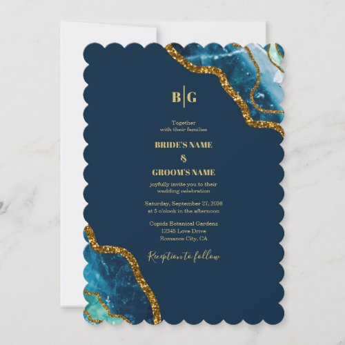 Blue  Gold Agate Geode Glitter Wedding  Invitation