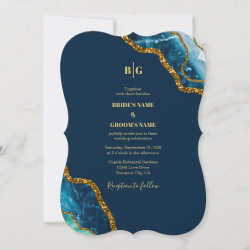 Blue  Gold Agate Geode Glitter Wedding Invitation