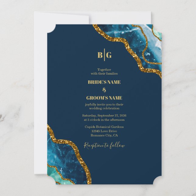 Blue & Gold Agate Geode Glitter Wedding  Invitation (Front)