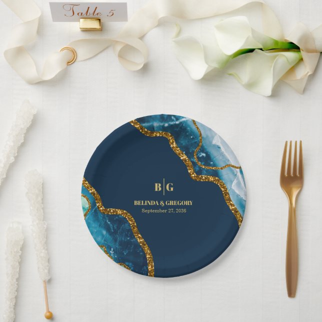 Blue & Gold Agate Geode Glitter Wedding  Paper Plates (Wedding)