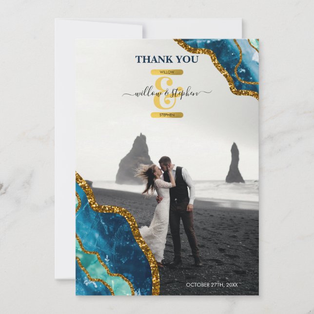 Blue & Gold Agate Geode Glitter Wedding Photo Thank You Card (Front)