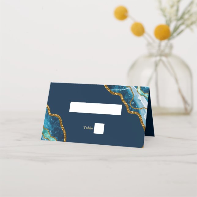Blue & Gold Agate Geode Glitter Wedding Place Card (Front)