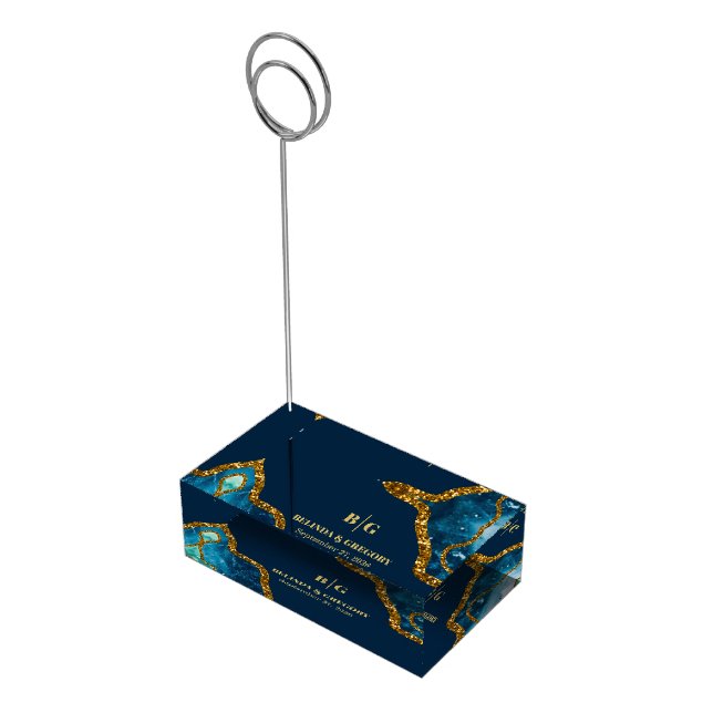 Blue & Gold Agate Geode Glitter Wedding  Place Card Holder (Corner)