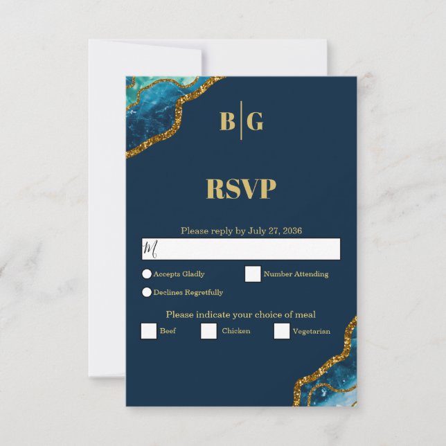 Blue & Gold Agate Geode Glitter Wedding RSVP Card (Front)