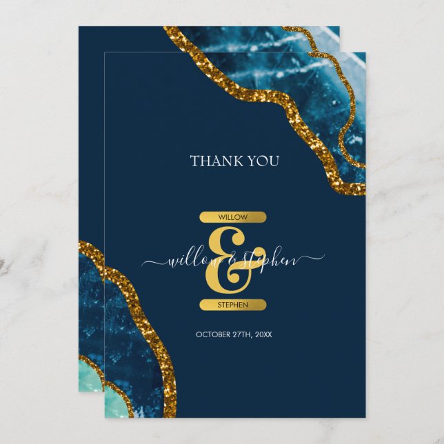 Blue & Gold Agate Geode Glitter Wedding Thank You Card (Front/Back)