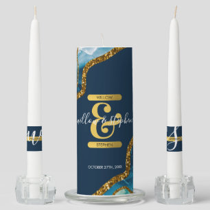 Blue & Gold Agate Geode Glitter Wedding Unity Candle Set