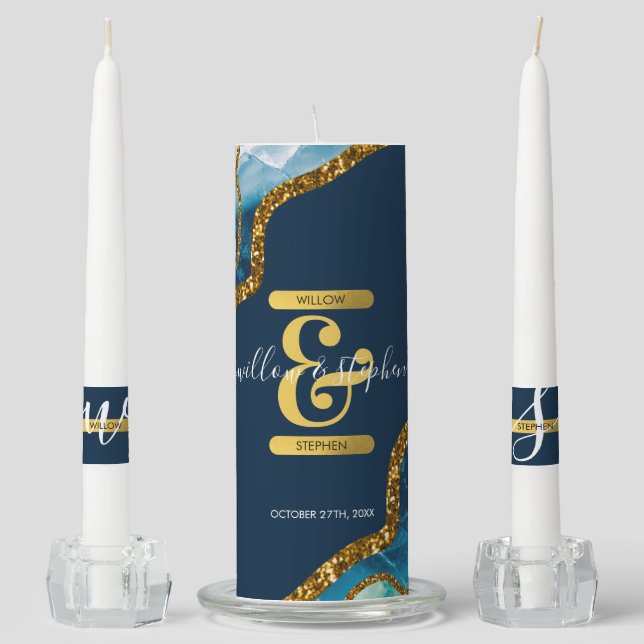 Blue & Gold Agate Geode Glitter Wedding Unity Candle Set (Front)