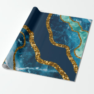 Blue & Gold Agate Geode Glitter Wrapping Paper