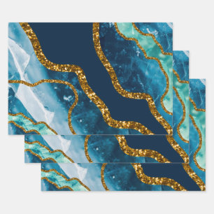 Blue & Gold Agate Geode Glitter Wrapping Paper Sheets