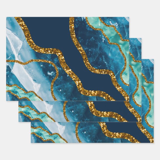 Blue & Gold Agate Geode Glitter Wrapping Paper Sheets (Set)