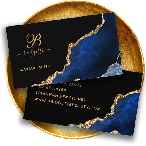 Blue Gold Agate Geode Makeup Artist Business Card