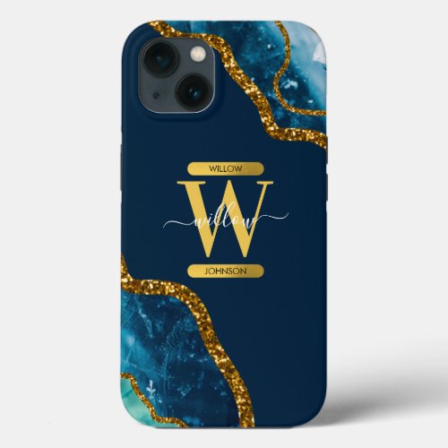 Blue  Gold Agate Geode Monogram   iPhone 13 Case