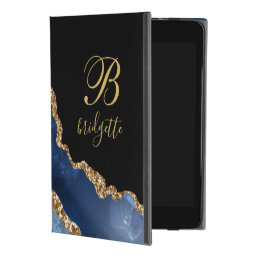 Blue Gold Agate Geode Monogram  iPad Mini 4 Case